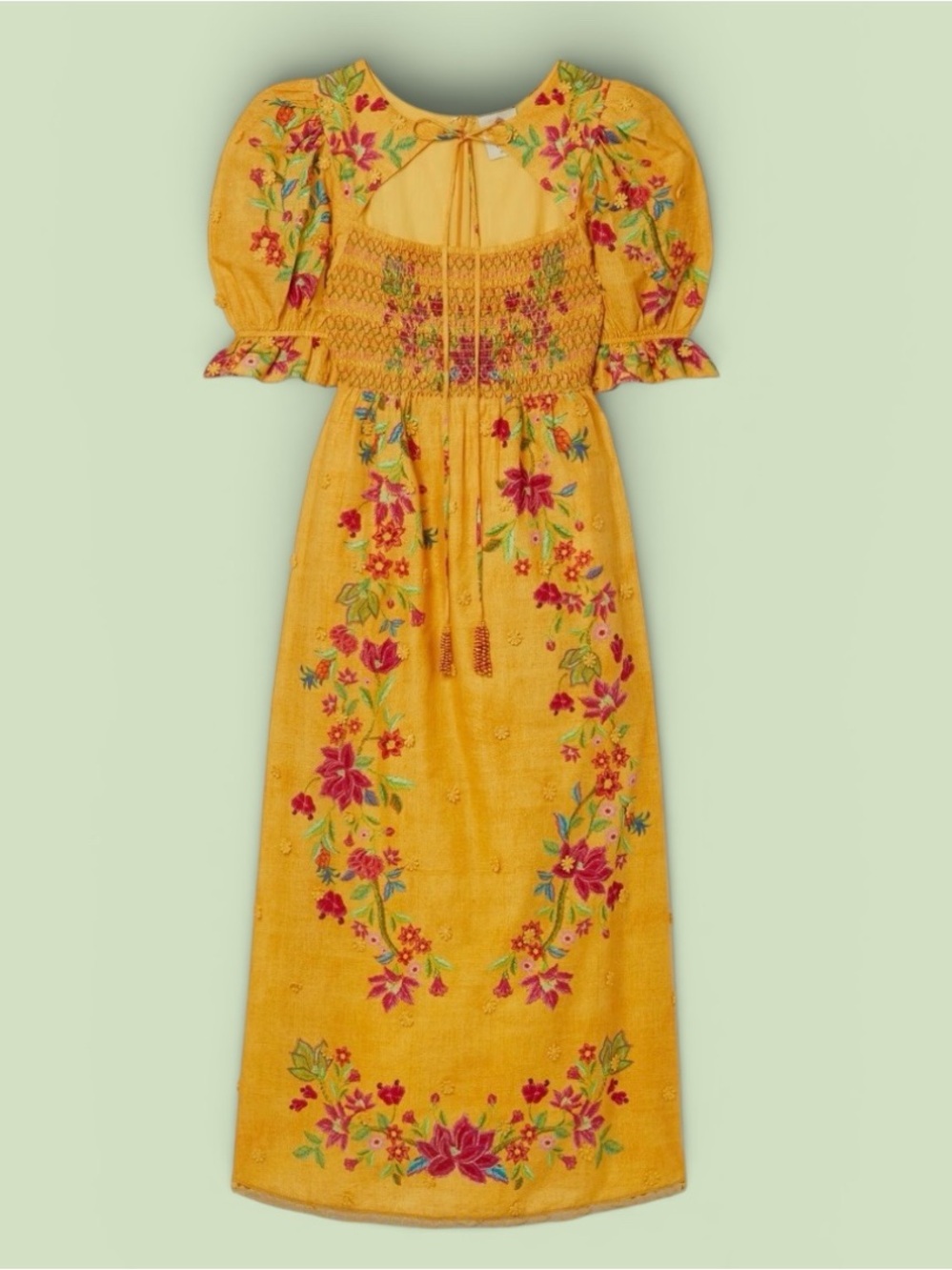 Farm Rio Boho Floral Dream Yellow Smocked Midi Dress - Sz Small
